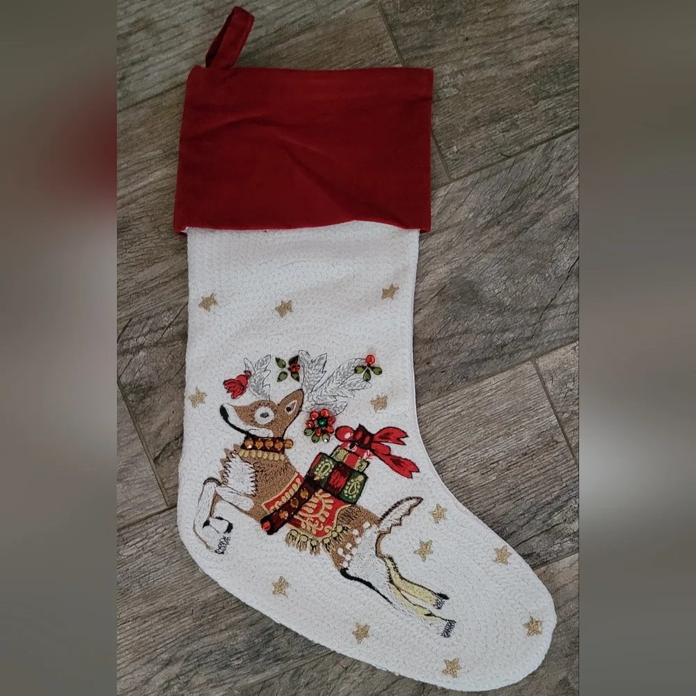 Williams Sonoma TWAS NIGHT BEFORE CHRISTMAS Reindeer Crewel Christmas Stocking